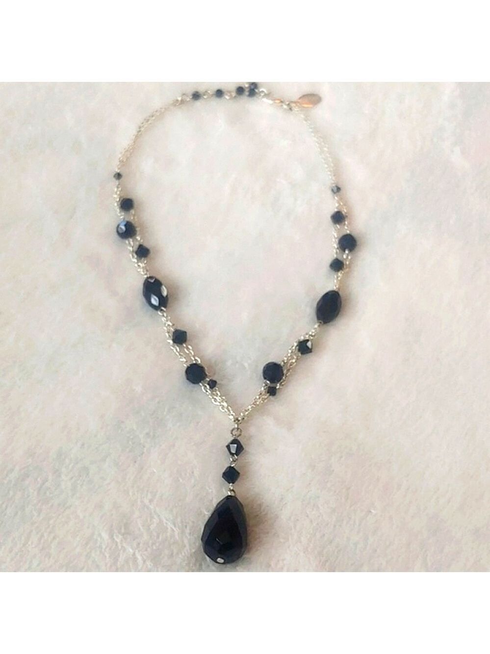 White House Black Market Silver Tone Black Beaded Necklace - Picture 1 of 13